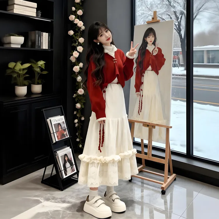 巨好看的冬装一整套新中式红色毛衣外套内搭打底衫半身裙三件套女