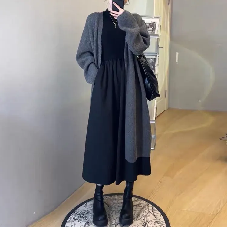 慵懒风软糯开衫长款毛衣外套女秋冬两件套装设计感显瘦针织连衣裙