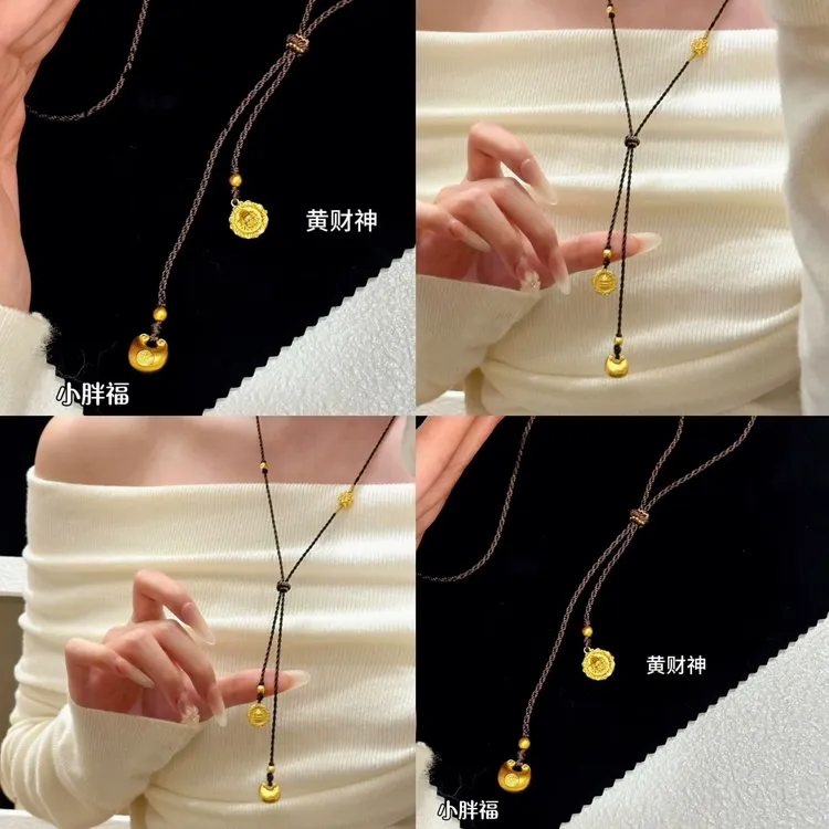 铜项链 小胖福黄财神领带项链新中式国风手工编绳毛衣链