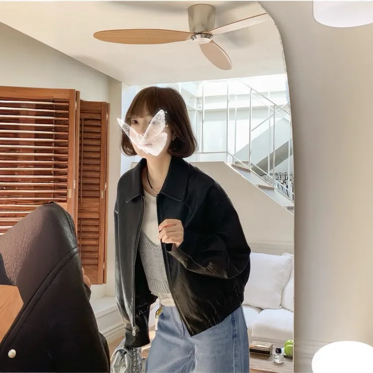 潮流胶片 新款黑+棕双版本早秋环保皮衣外套女短款夹克