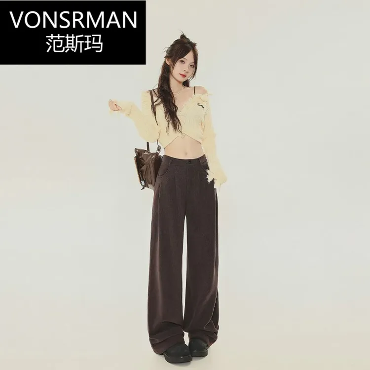 Vonsrman咖色显瘦阔腿裤女2025春季新款梨形身材垂感高腰直筒休闲