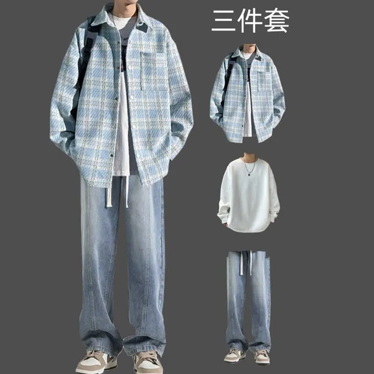 秋冬小香风外套男装潮牌套装格子夹克帅气搭配牛仔裤高级感三件套