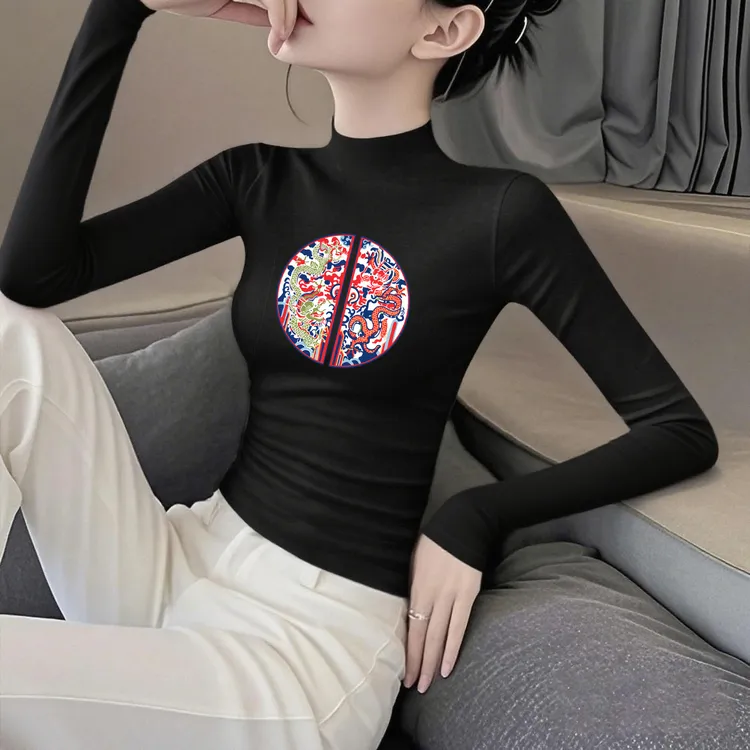 黑色中国风莫代尔半高领长袖打底衫女秋冬修身百搭印花t恤上衣ins