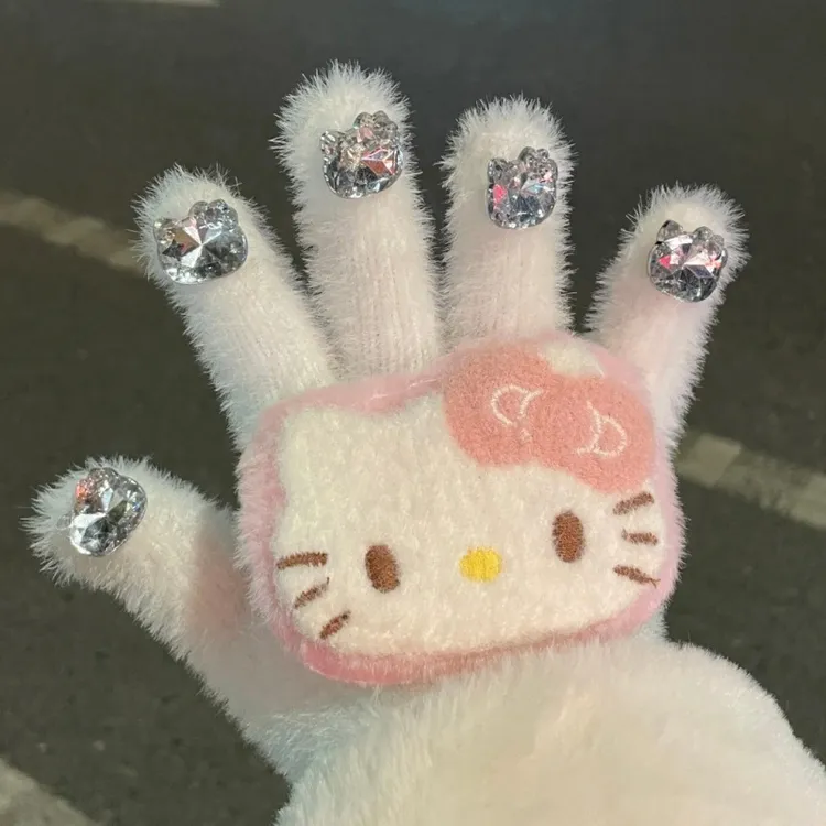 kt猫钻石毛线手套保暖冬防冻HelloKitty女防寒学生骑行骑车仿兔绒