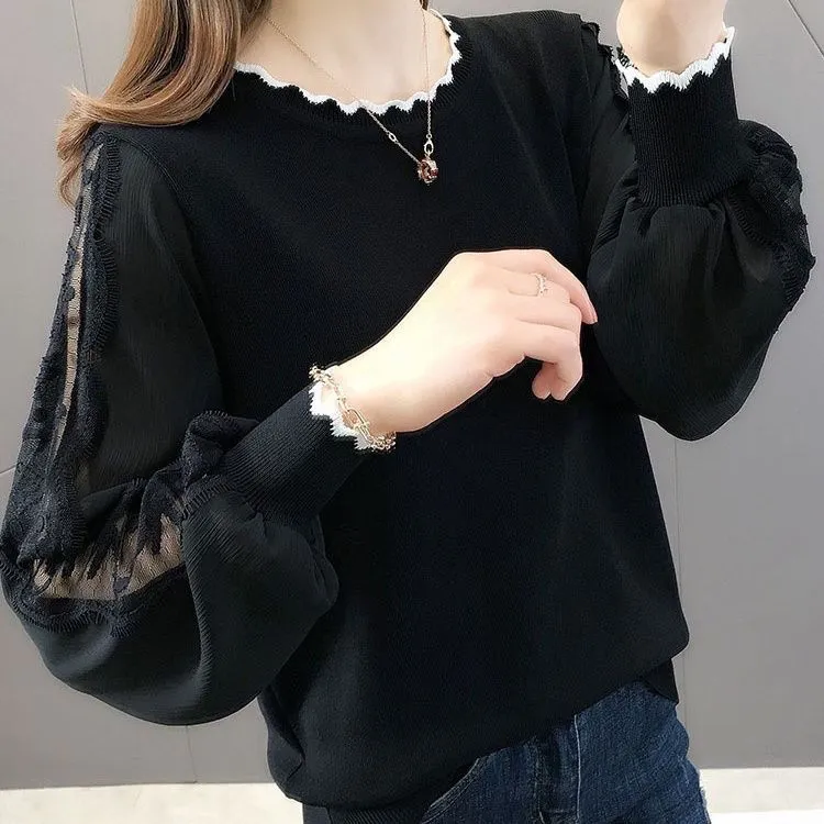 春秋新款长袖洋气胖妹妹2025针织女上衣打底显瘦外穿蕾丝韩版女装