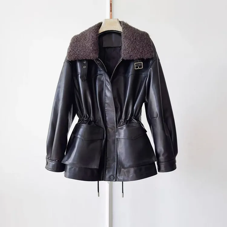 羽绒服真皮白鸭绒皮衣女翻领宽松收腰冬季中长款时尚洋气保暖