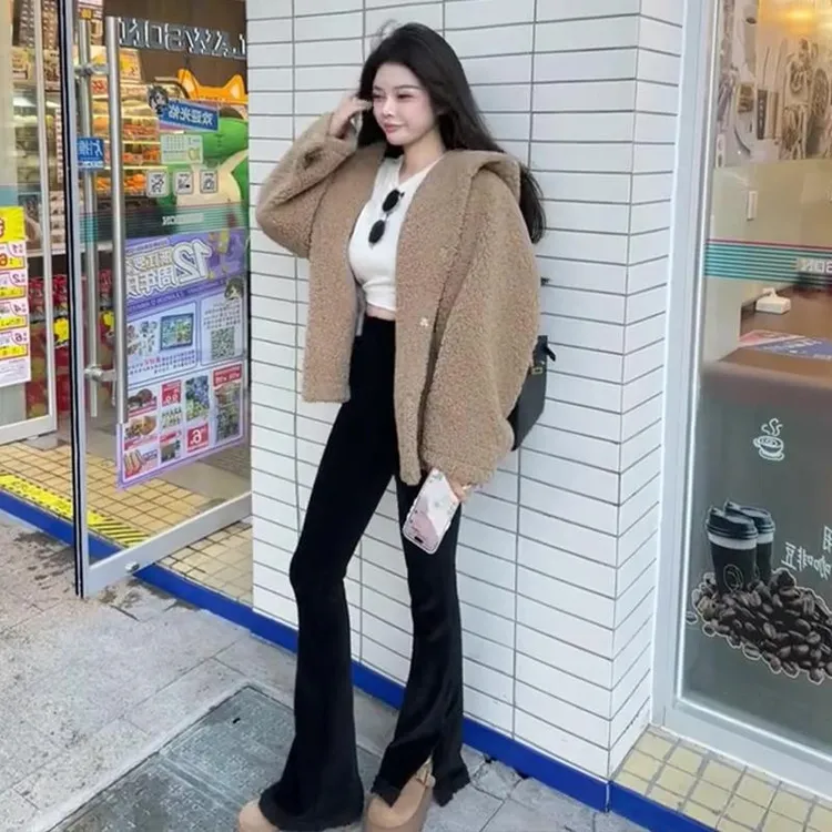 【下单发货模特原版】冬季新款连帽环保毛女糕毛毛呢外套宽松大衣潮