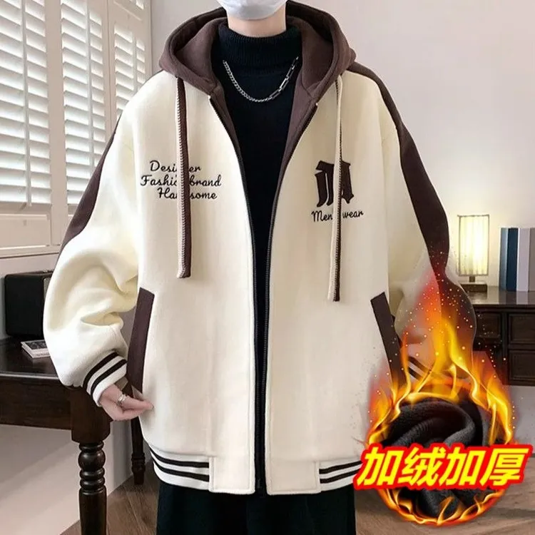 港风棒球服连帽外套男秋冬季休闲加绒加厚大码宽松百搭帅气夹克潮