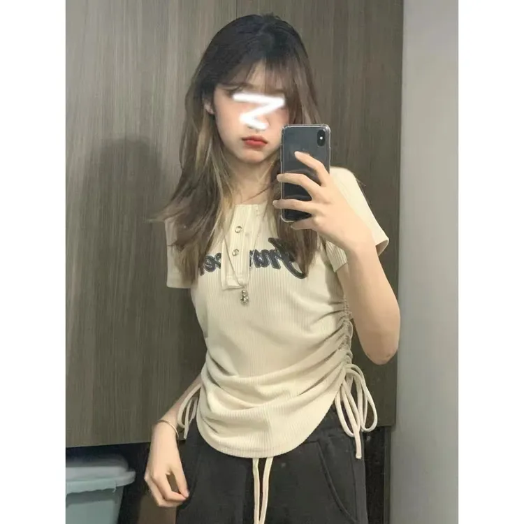 纯欲风正肩短袖t恤女修身显瘦针织坑条休闲抽绳上衣夏