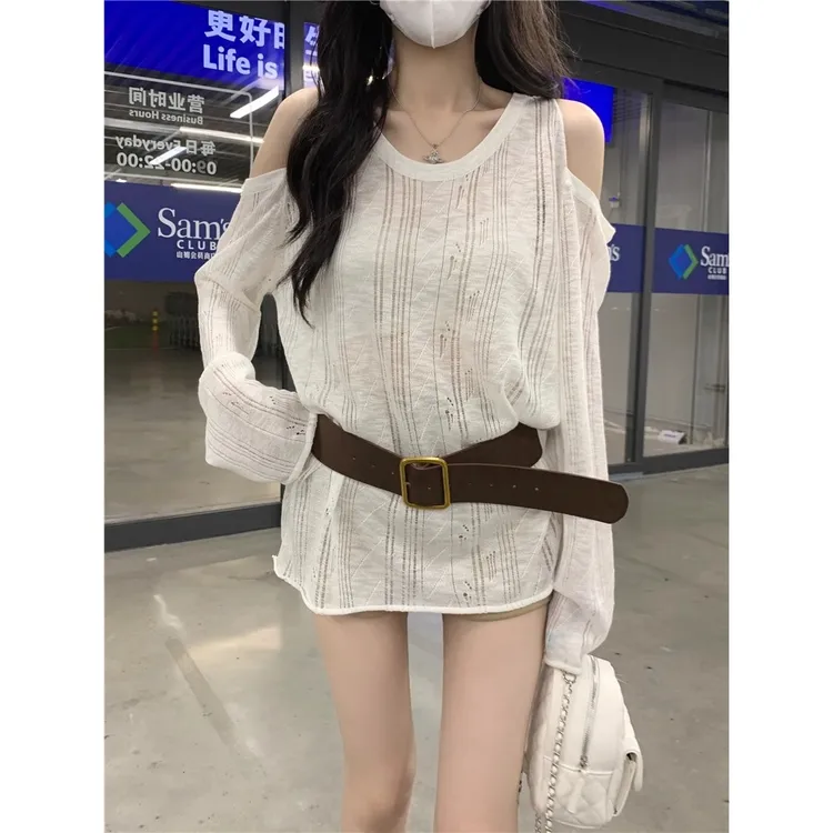设计感白色露肩长袖T恤针织衫女秋季宽松防晒罩衫慵懒松弛感上衣