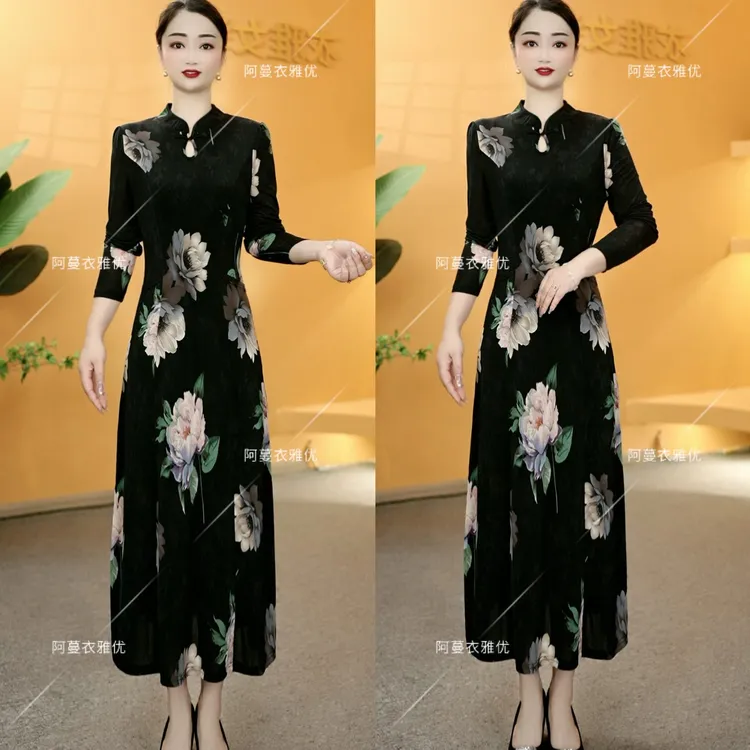 【衣雅严选】8127-2226#新款正版弹力缎长袖仿真立体花旗袍连衣裙