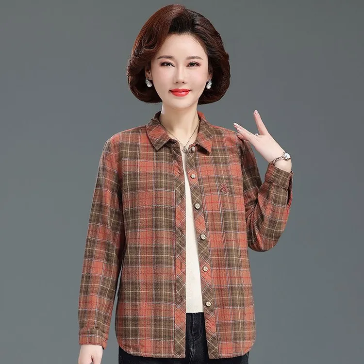 中老年秋款休闲纯棉格子开衫上衣妈妈装外穿长袖洋气女士磨毛衬衣