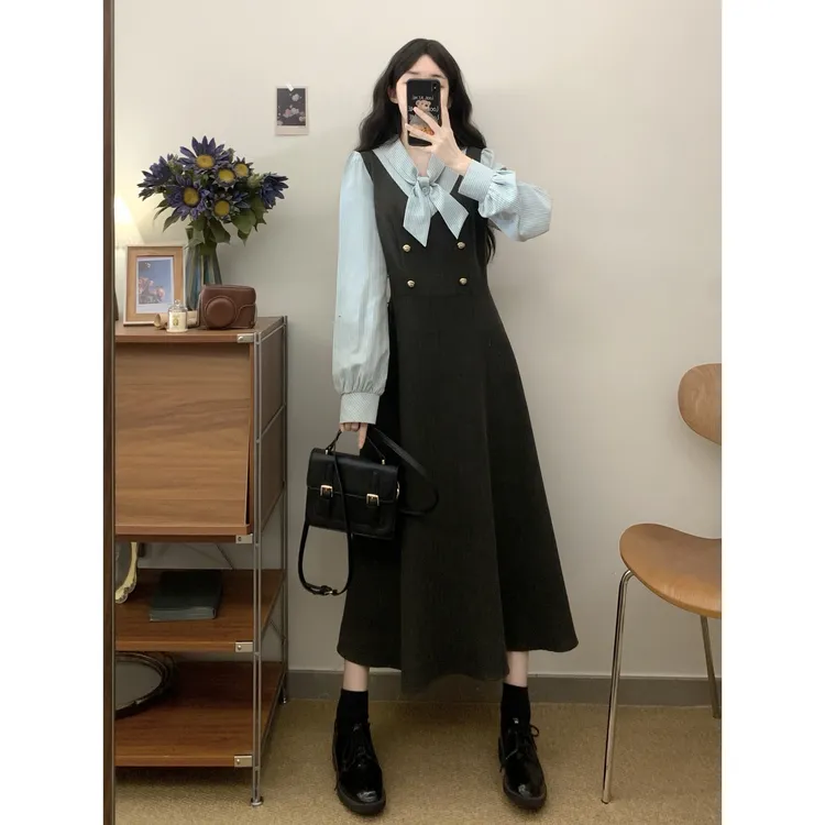 MO88ZSPF大码女装学院风复古显瘦条纹拼接设计感连衣裙假两件裙子