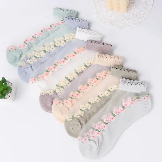 卡丝袜薄款100%正品棉底短筒袜透气吸汗袜子女士夏季花边水晶船袜