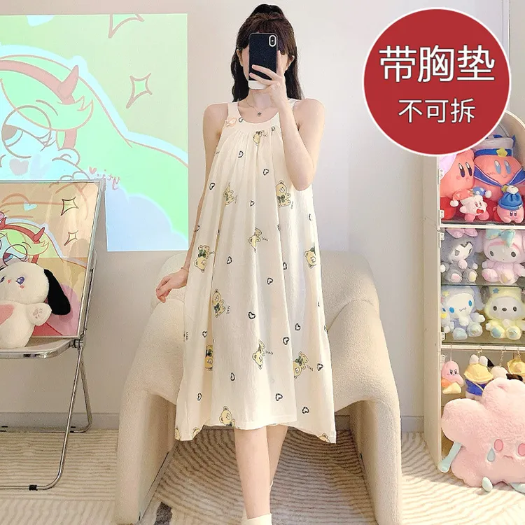 带胸垫可爱卡通小熊云感棉睡衣女款2025新款夏季天吊带睡裙家居服