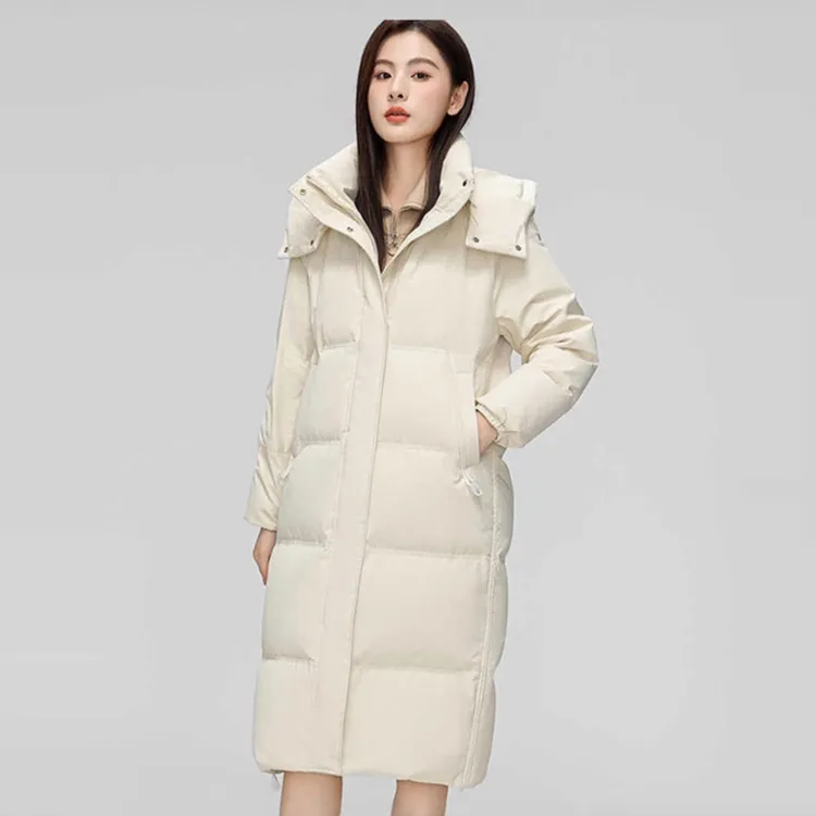 中长款女士2025冬季新款过膝优雅时尚潮流连帽羽绒服女款米白色草