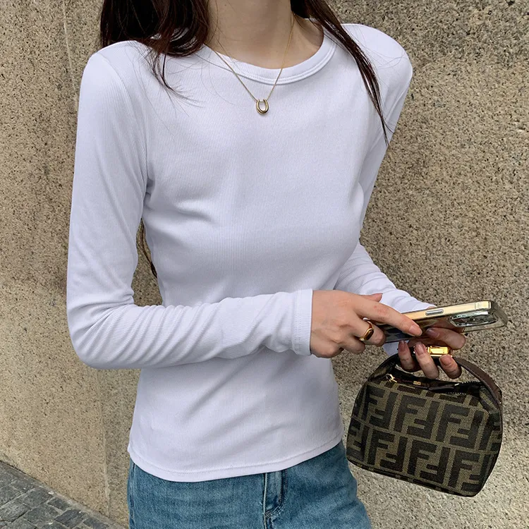 纯色螺纹打底衫女春秋款内搭长袖T恤2025新款修身百搭长袖上衣