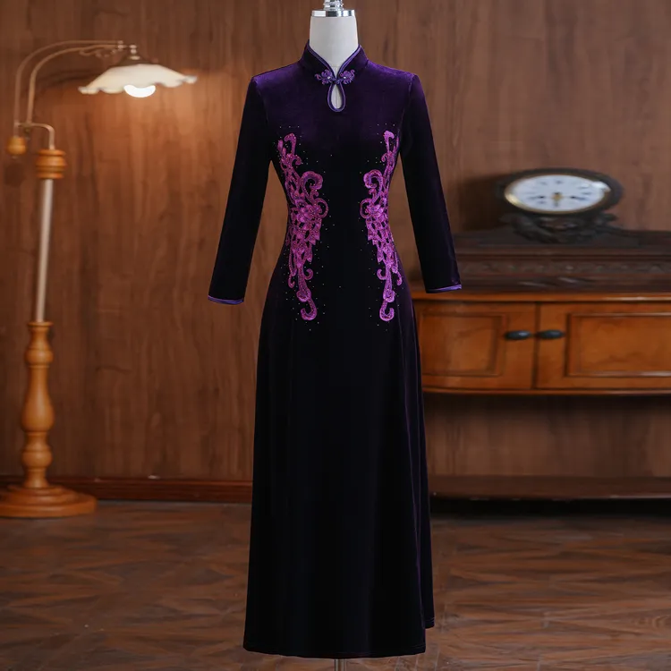 紫色旗袍女新中式连衣裙喜服婚宴妈妈装结婚礼服喜婆婆婚宴装国风