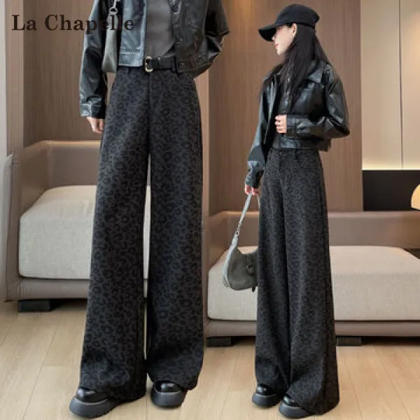 拉夏贝尔豹纹阔腿裤女秋冬新款高腰窄版毛呢显瘦直筒休闲拖地裤子