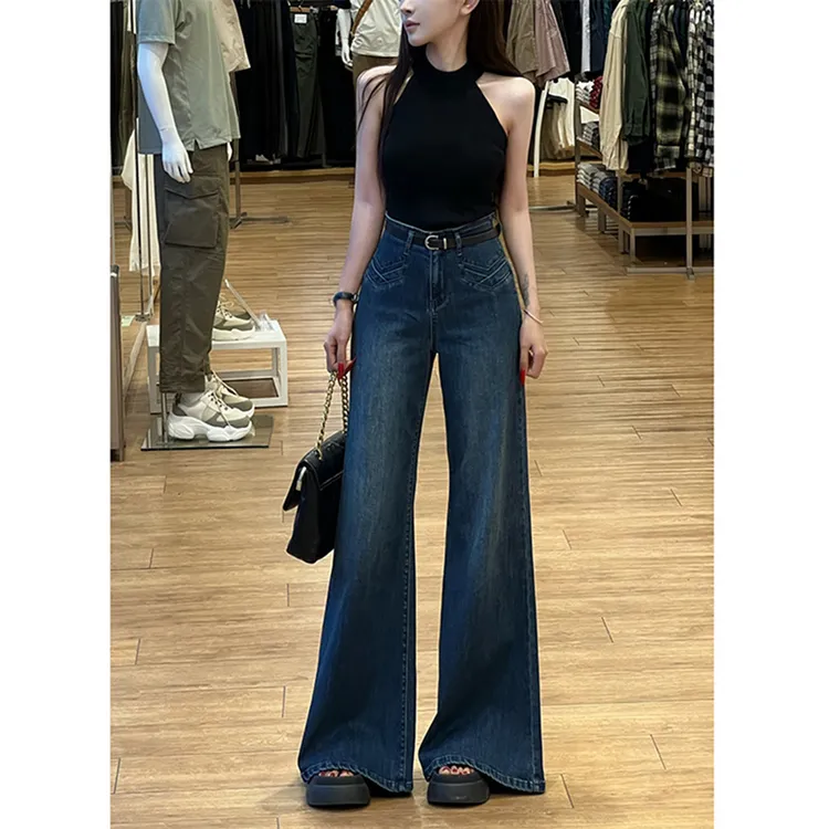 微胖mm复古蓝高腰不贴腿牛仔裤女2025秋季新款遮肉显瘦百搭阔腿裤