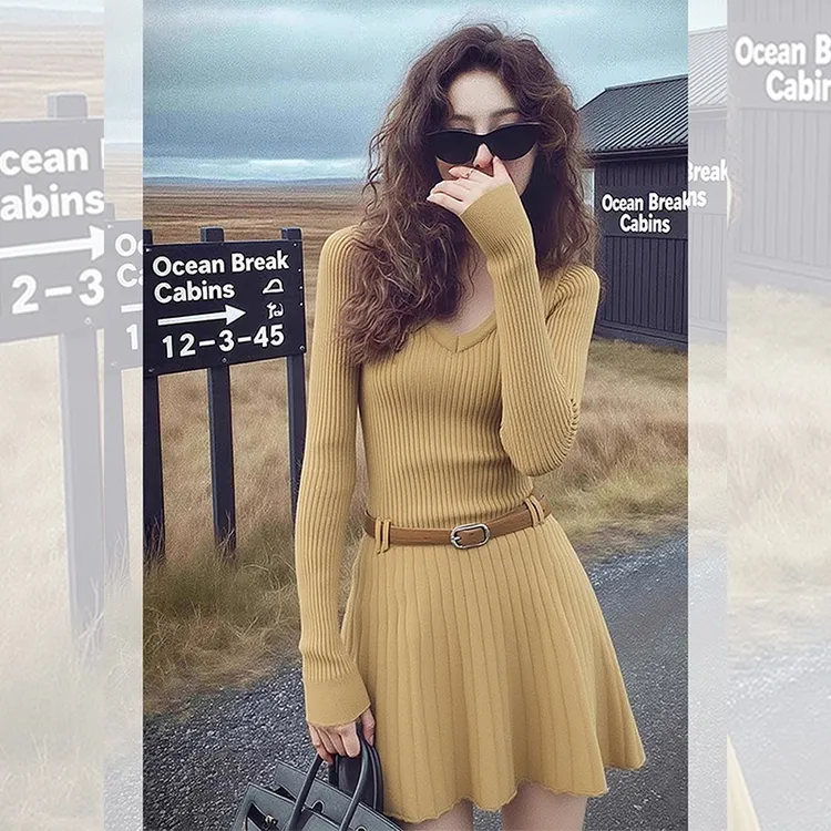 漂亮出片衣服咖色收腰百褶短裙女装秋冬新款高级感内搭针织连衣裙