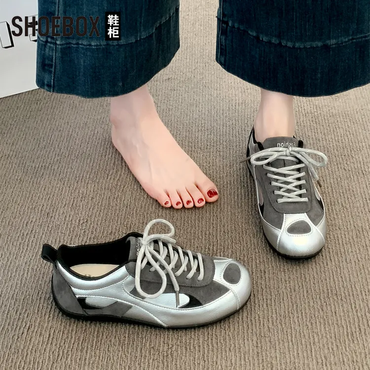 SHOEBOX鞋柜银色德训鞋女鞋2025新款秋季百搭复古运动休闲板鞋