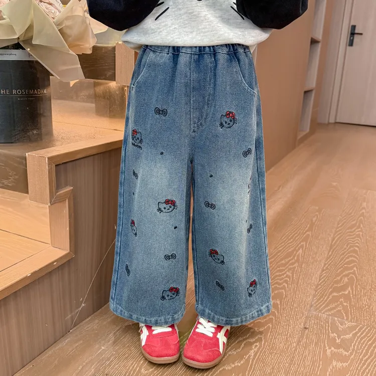 女童裤子洋气秋装2025新款儿童卡通kt猫牛仔裤时尚女孩直筒休闲裤