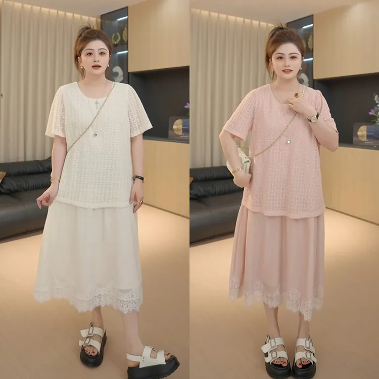 【胖佳佳】春日宴 假两件短袖连衣裙珠片绣蕾丝裙H625Q03711
