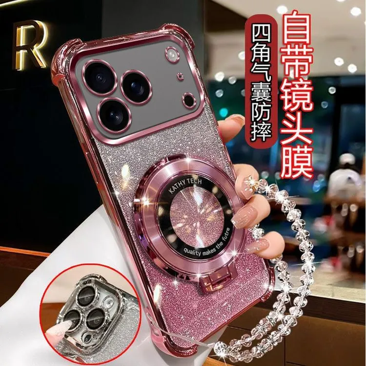 气囊防摔苹果17ProMax手机壳高质量镜头全包闪粉CD支架轻奢女款硅