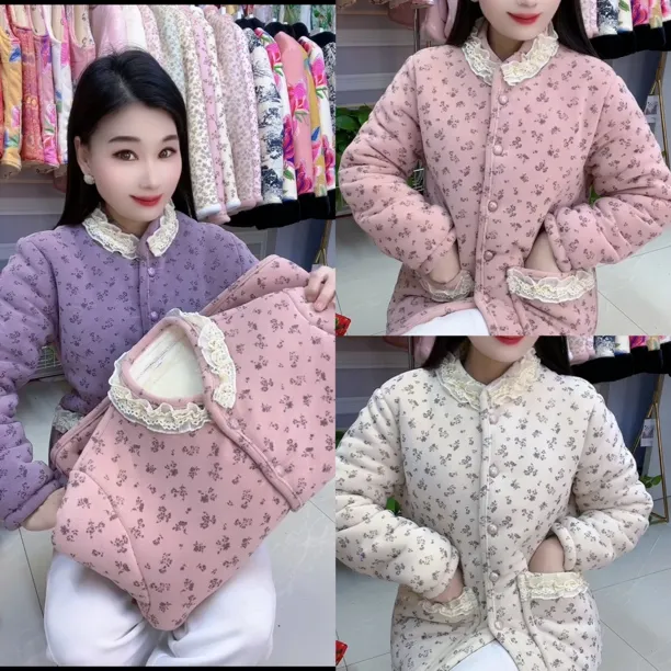 冬季新款三层加绒加厚减龄宽松外套圆领花边碎花棉袄