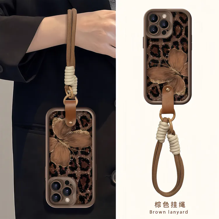 蝴蝶豹纹挂绳适用iPhone15苹果16手机壳华为p70vivoppo小米14软套