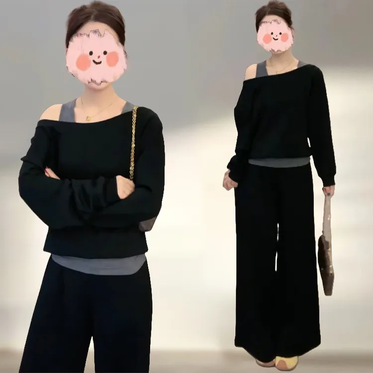 韩系早秋黑色拼接两件套女显瘦斜肩假两件上衣+高腰阔腿裤套装