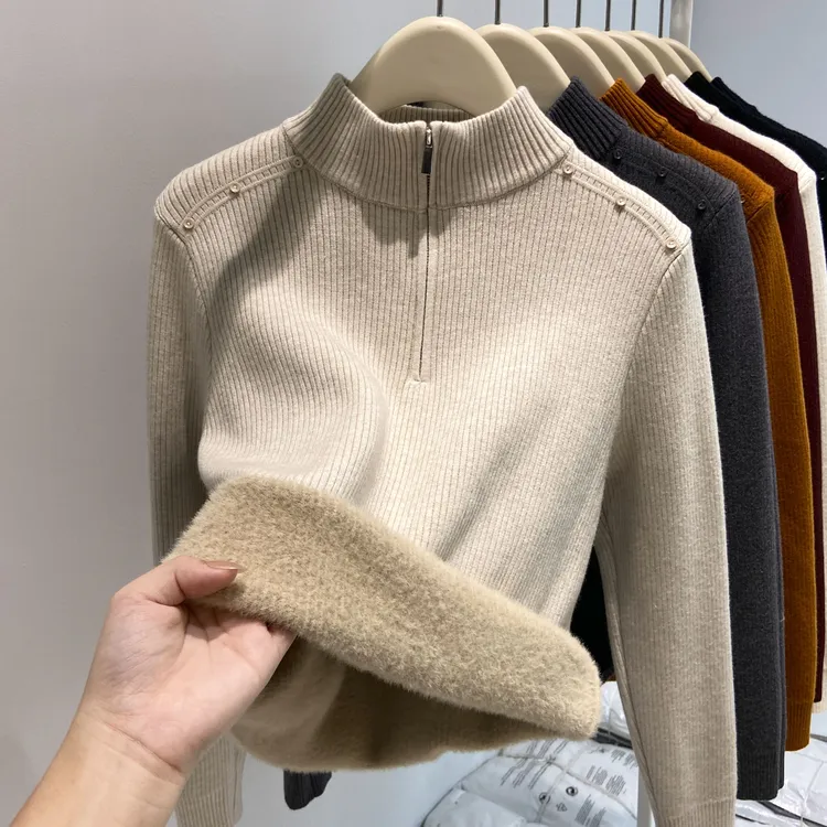 一体绒加厚半高领打底上衣女秋冬设计感半拉链内搭保暖针织衫毛衣
