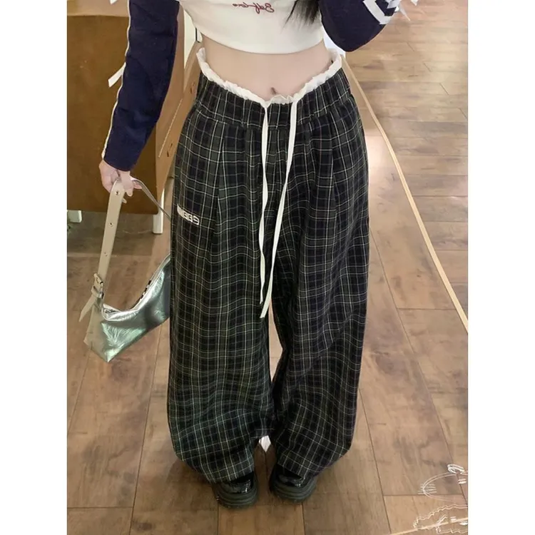 雪千羽美式复古拼接格子阔腿裤女春秋2025新款高腰宽松休闲拖地裤