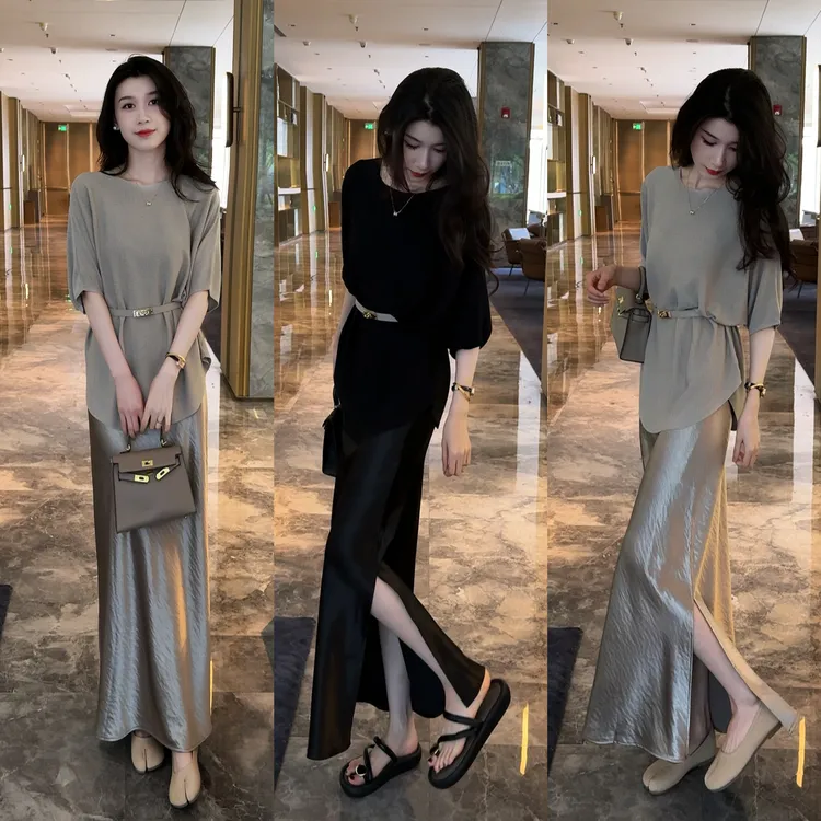 高品质圆领冰丝宽松上衣（配腰带）+高腰开叉高级显瘦半身裙套装
