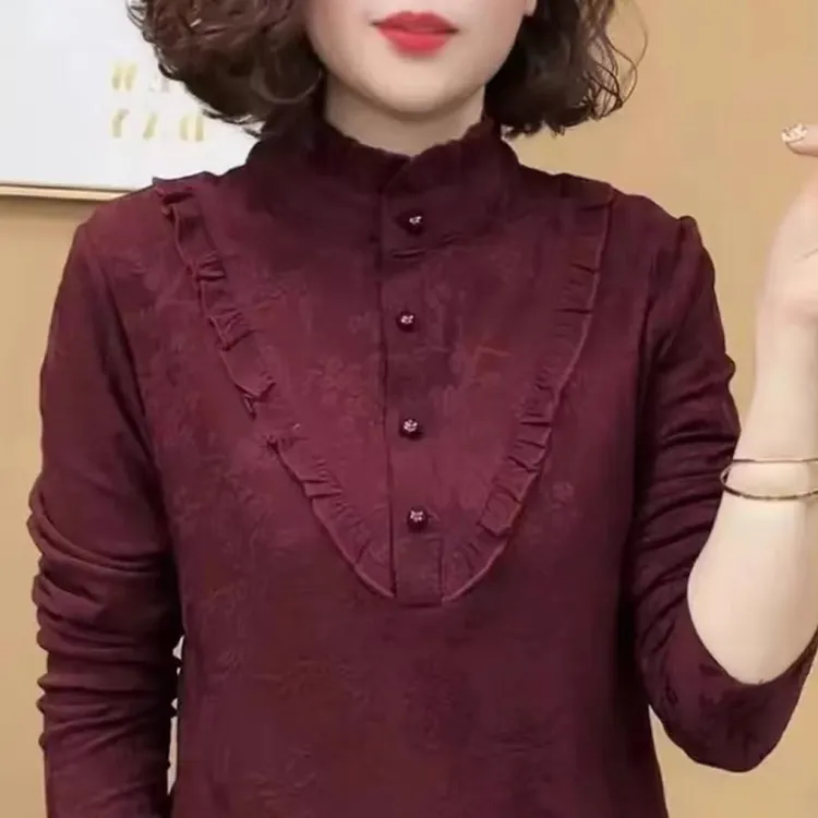 新款木耳边高领女秋冬内搭加绒提花棉打底衫女妈妈款保暖上衣大码