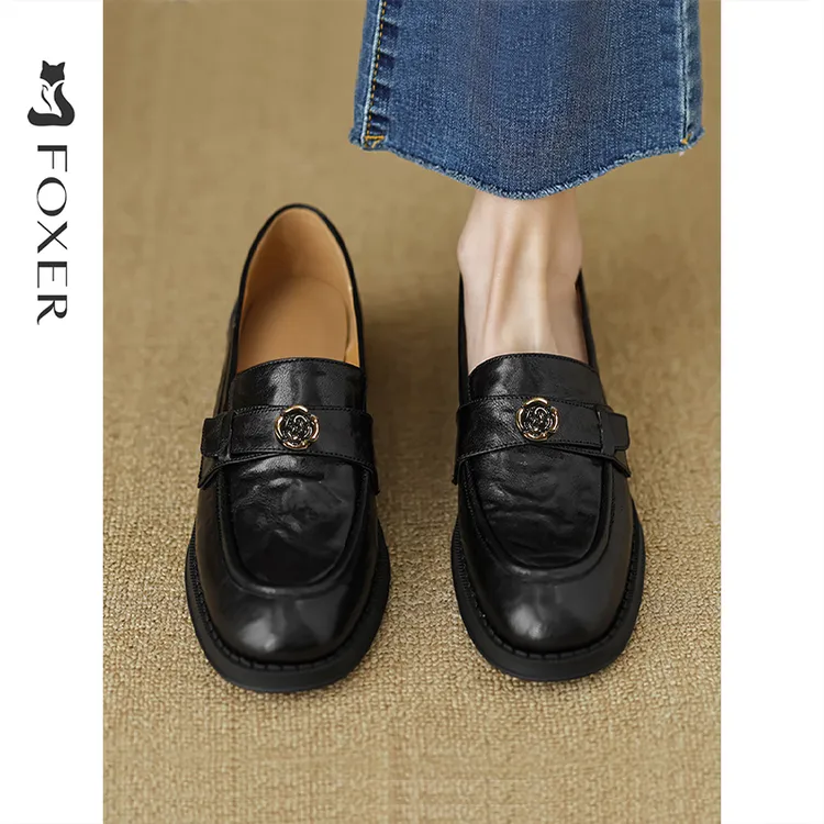 FOXER厚底乐福鞋春季新款复古一脚蹬山茶花小皮鞋粗跟通勤单鞋女