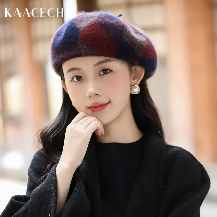 文艺复古保暖贝雷帽子女款2026新款大头围显脸小兔毛格子画家帽