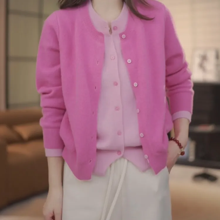 撞色假两件针织衫女春季粉色毛衣开衫2025年新款长袖宽松休闲上衣