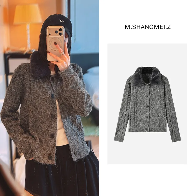 M.SHANGMEI.Z/沐熙【锦上添花】美大哥老钱风毛领毛衣开衫X11AM083