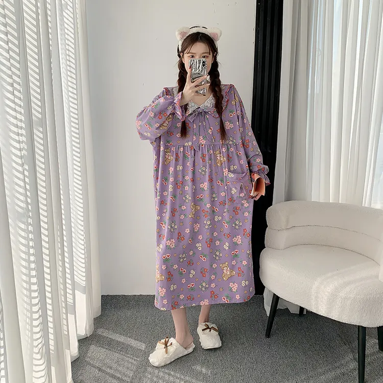 春秋公主风长袖睡裙胖MM200斤加肥加大码针织棉孕妇宽松家居睡衣