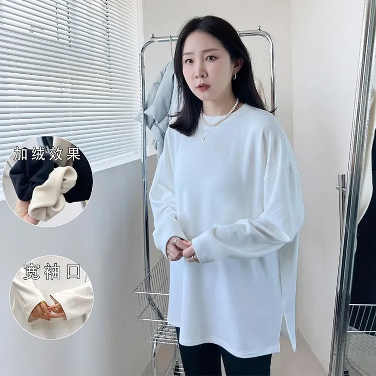 宽松德绒2026秋冬季新款百搭打底衫时尚下摆开叉长袖加绒T恤上衣