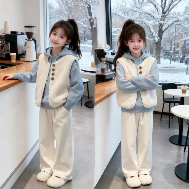 女童套装秋冬2025新款女孩大童加厚毛衣马甲儿童冬装加绒三件套潮