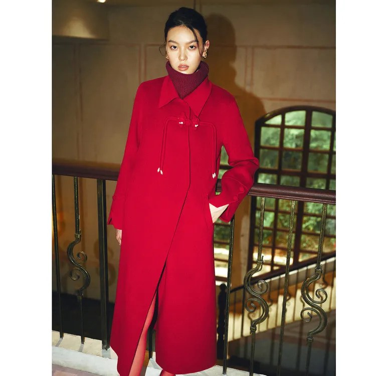 MAXRIENY东方红韵大衣中长款红色气质韵味贵雅中式盘扣秋冬外套