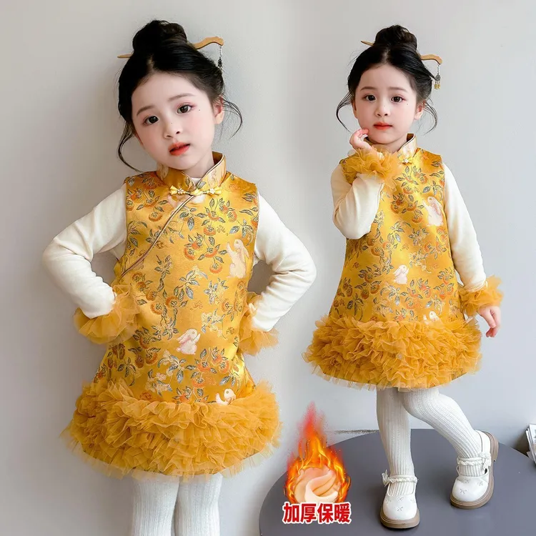 女童旗袍裙套装夹棉加厚新款洋气儿童冬装女宝宝中式拜年服两件套