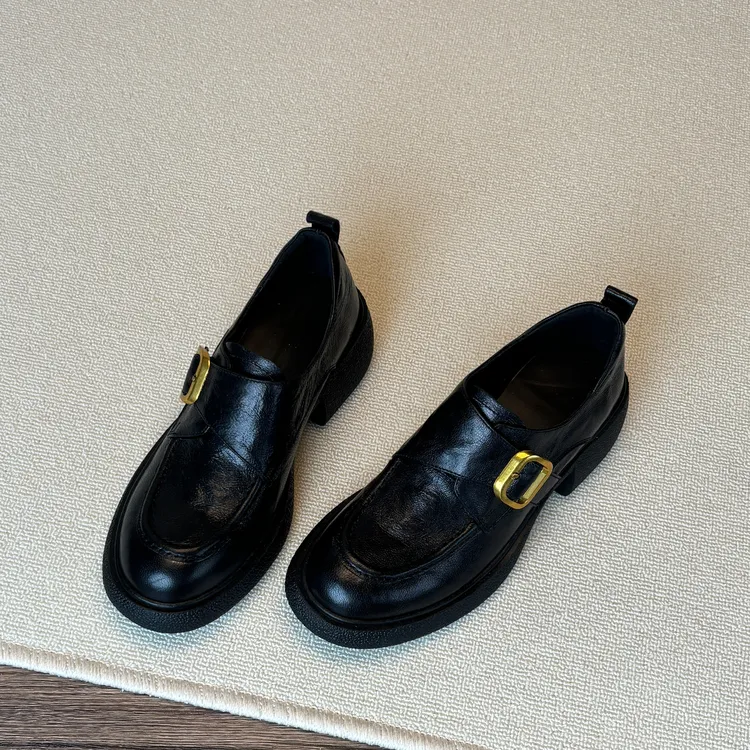 羊皮版~英伦风黑色小皮鞋女2025秋冬加绒厚底高跟一脚蹬乐福鞋