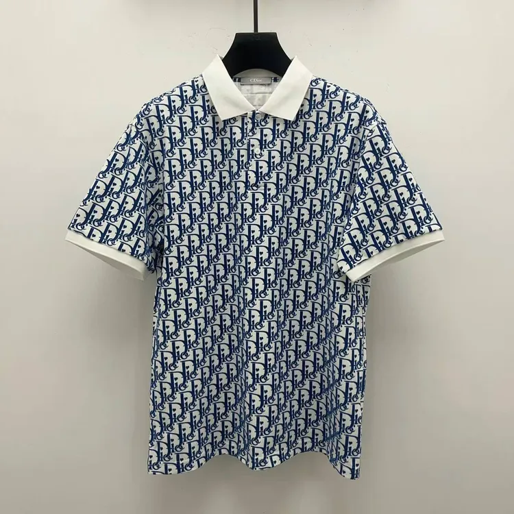 C.Dioc男士春夏新款老花满印植绒珠地棉短袖翻领POLO衫
