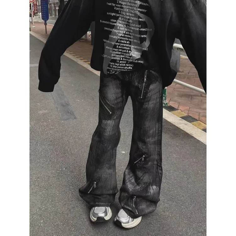 美式复古刷蜡脏洗微喇牛仔裤男女高街嘻链设计感小众宽松长裤