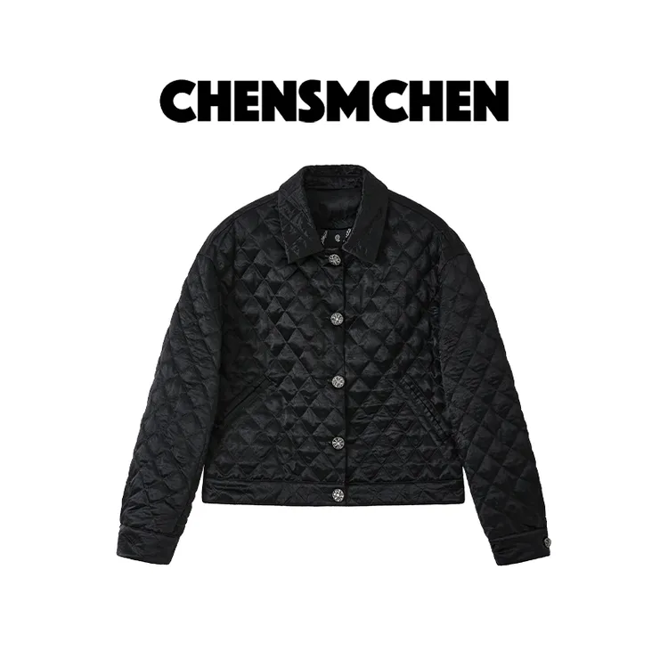 CHENSMCHEN 白鹅绒翻领短款格纹夹克女简约休闲百搭外套CSY8605YW