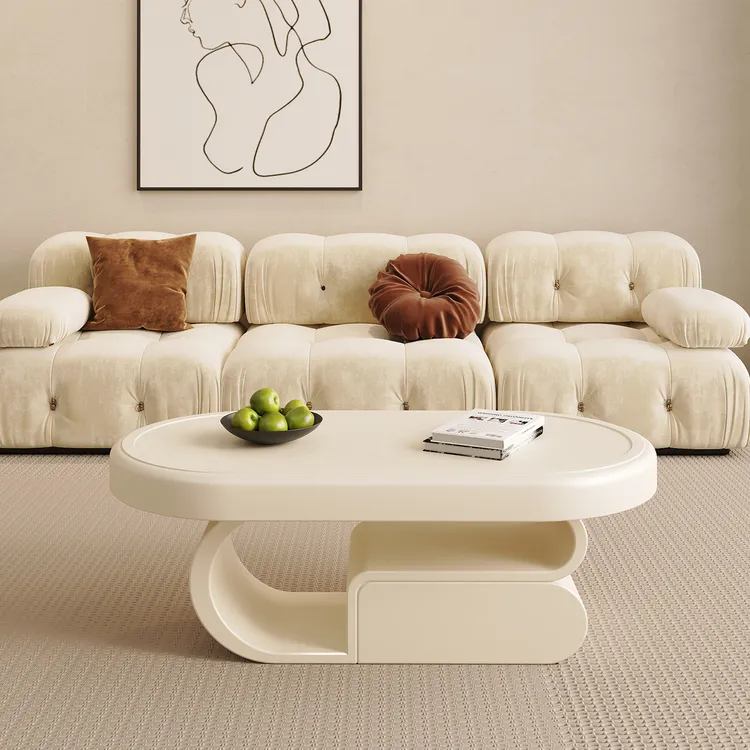 饼干奶油风茶几客厅家用小户型轻奢高级感椭圆储物茶几桌现代简约